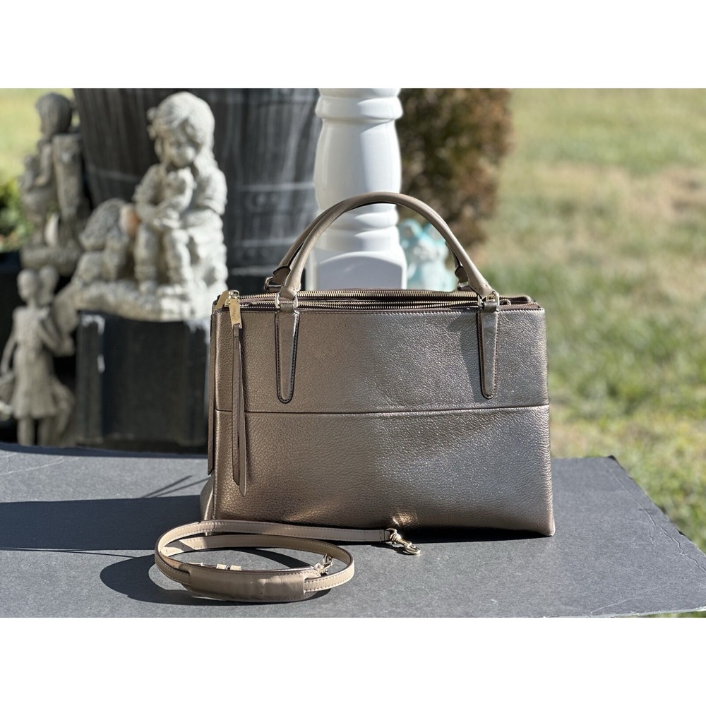Coach Borough Medium Satchel Purse Bag Metallic Leather Gold W/ Dust Bag 32323